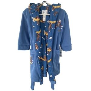 Nick & Nora Toddler Sock Monkey Banana Fleece Hooded Robe Blue Brown Size 18 M